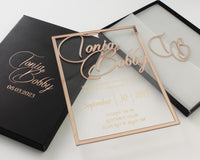 Luxury Boxed Invitation - Frame Mirror Gold Plexi Wedding Invitation, Acrylic Gold Mirror Invitation with Black Box and Envelope